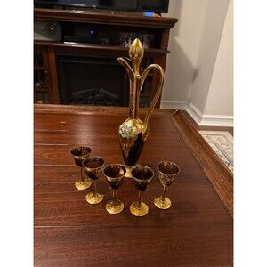 Vintage Amber Glass Decanter Set w/ 5 Cordial Glasses – Gold Gilded & Hand-Paint